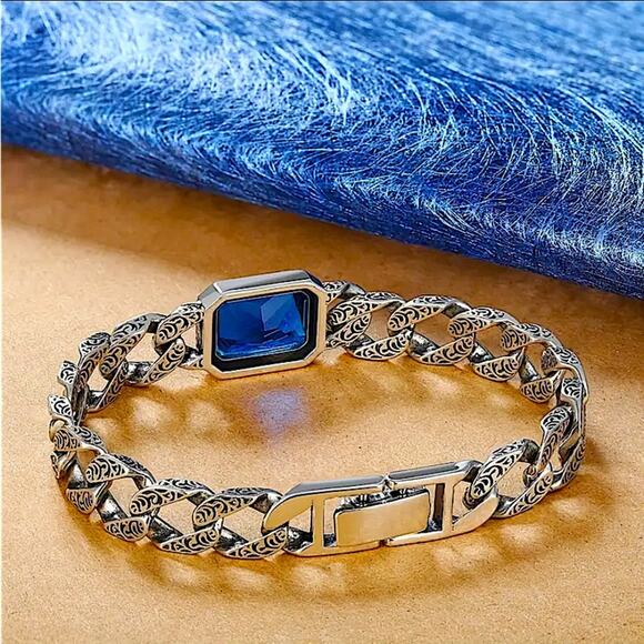 Stainless Steel Sapphire Chain Link Bracelet, Curb Engraved - Picture 7 of 7
